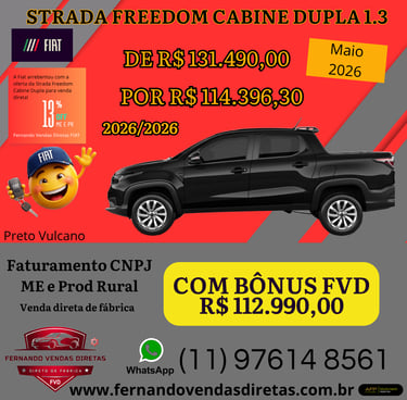 Black Fiat Strada Freedom Cabine Dupla 1.3 pickup truck with promotional sales pricing and bonus offers for CNPJ.