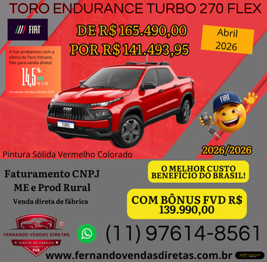 FIAT TORO ENDURANCE TURBO 270 -- VENDA FROTISTA CNPJ -- REF. ABRIL 2026 -- ABC PAULISTA - SP