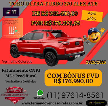 Red Fiat Toro Ultra pickup truck promo offer with special pricing for direct factory sales.