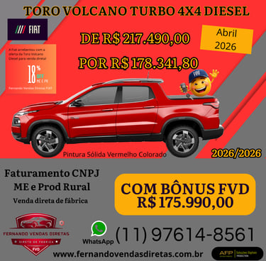TORO VOLCANO TURBO 4X4 DIESEL -- VENDA FROTISTA CNPJ -- REF. ABRIL 2026 -- ABC PAULISTA - SP