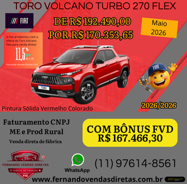 Red Fiat Toro Volcano Turbo 270 Flex pickup truck promotional offer with discounted pricing and direct factory sales info.