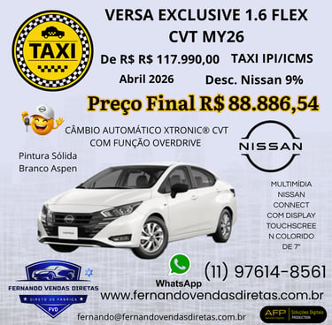 White Nissan Versa Exclusive 1.6 Flex for taxi drivers with IPI and ICMS discounts and CVT transmission.