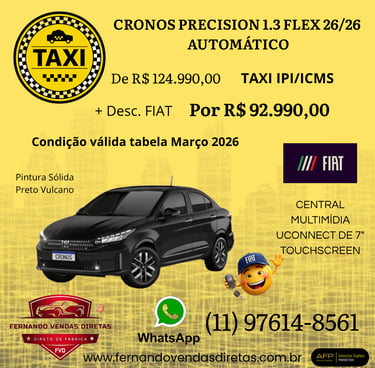 Promotional banner for a black Fiat Cronos Precision 1.3 Flex automatic taxi with IPI and ICMS discounts.