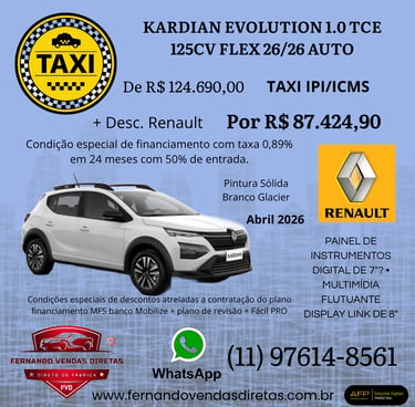 Promotional banner for Renault Kardian Evolution taxi sales with pricing, financing details, and contact info.