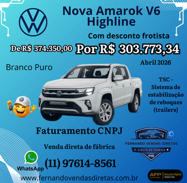 Oferta da picape Volkswagen Nova Amarok V6 Highline branca com desconto para frotista e faturamento CNPJ.