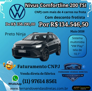  Volkswagen Nivus Comfortline 200 TSI SUV car offer for CNPJ fleet sales with discounts.