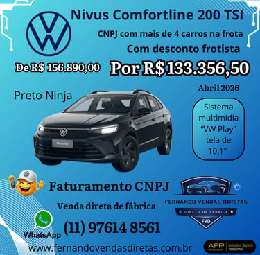 Oferta Volkswagen Nivus Comfortline 200 TSI Preto Ninja para faturamento CNPJ e vendas diretas.