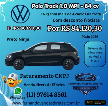 Black Volkswagen Polo Track 1.0 MPI car advertisement with fleet discount and factory direct pricing.