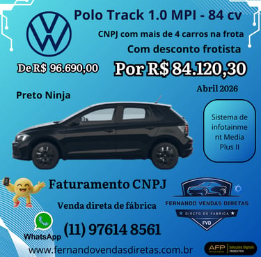 Black Volkswagen Polo Track car with promotional pricing for fleet sales and CNPJ business deals.
