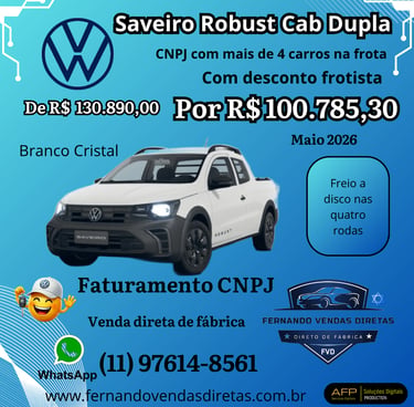 White Volkswagen Saveiro Robust Cab Dupla truck with promotional fleet pricing and CNPJ discounts.