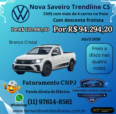White Volkswagen Saveiro Trendline pickup truck with CNPJ fleet discount promotional pricing and contact info.