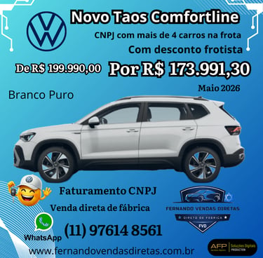 Novo Volkswagen Taos Comfortline Branco Puro com desconto para frotista CNPJ e venda direta de fábrica.
