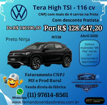 Novo Volkswagen Tera High TSI Preto Ninja com desconto para frotista e faturamento CNPJ.