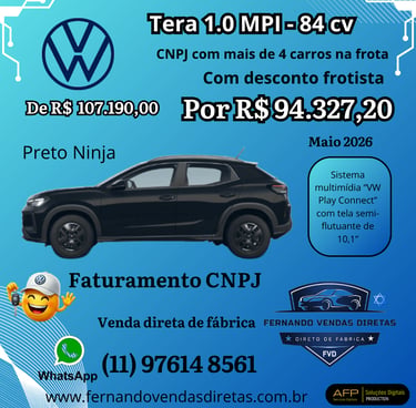 Volkswagen Tera 1.0 MPI hatchback in Preto Ninja with special CNPJ fleet discount pricing.