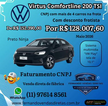  Volkswagen Virtus Comfortline 200 TSI for CNPJ fleet sales with discount pricing and VW Play multimedia.