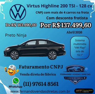 Volkswagen Virtus Highline 200 TSI em Preto Ninja com desconto para frotista CNPJ.