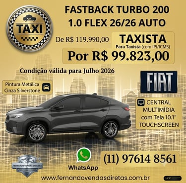 Fiat Fastback Turbo 200 promotion for taxi drivers in Cinza Silverstone with price details and contact info.