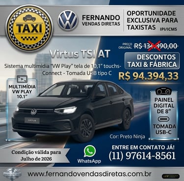 Black Volkswagen Virtus TSI taxi for sale with exclusive discounts and IPI ICMS exemptions.