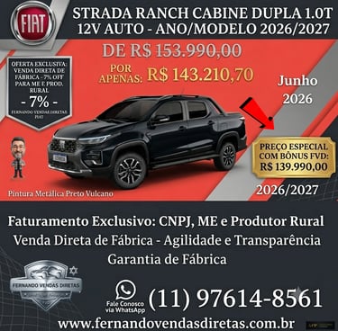 Black Fiat Strada Ranch 1.0T Double Cab truck advertisement with promotional pricing and contact information.