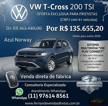 Volkswagen T-Cross 200 TSI in Azul Norway for direct factory sale with fleet discounts.