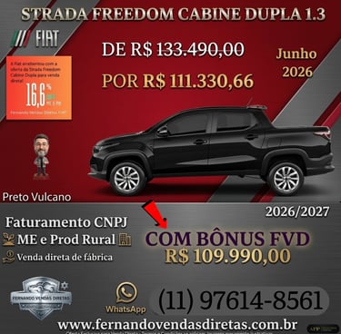 Black Fiat Strada Freedom Cabine Dupla 1.3 pickup truck with promotional sales price and contact information.