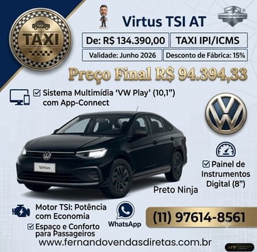 Oferta do Volkswagen Virtus TSI AT para taxi com desconto de fábrica e multimídia VW Play.