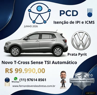 Novo Volkswagen T-Cross Sense TSI Automático Prata Pyrit para PCD com isenção de IPI e ICMS.