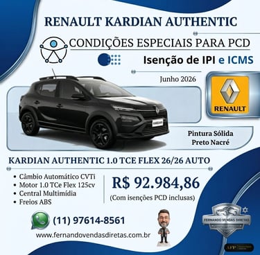 Black Renault Kardian Authentic 1.0 TCe Flex with special PCD tax exemption offers for June 2026.