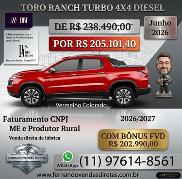 Red Fiat Toro Ranch Turbo 4x4 pickup truck promotion with direct factory pricing for rural producers.
