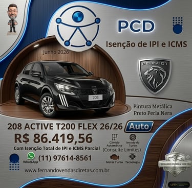 Black Peugeot 208 Active T200 for PCD with IPI and ICMS tax exemptions and automatic transmission.