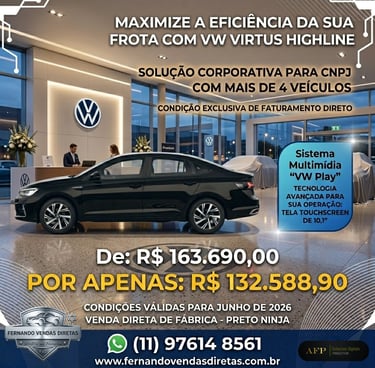 Black VW Virtus Highline for corporate fleet sales in a modern Volkswagen dealership showroom.