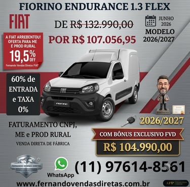 Promotional banner for a white Fiat Fiorino Endurance 1.3 Flex utility van with exclusive discounts for CNPJ and rural