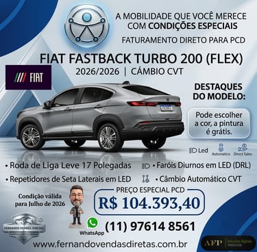 Fiat Fastback Turbo 200 promotional banner for PCD sales with silver SUV image and pricing details.
