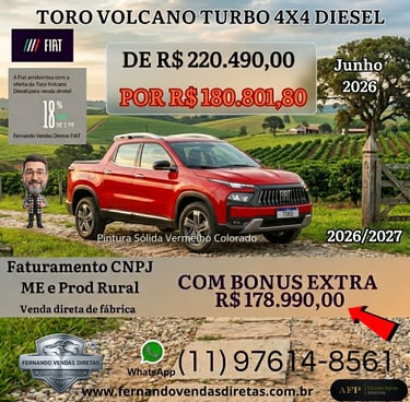 Red Fiat Toro Volcano Turbo 4x4 Diesel pickup truck parked in a scenic rural landscape with sales offer text.
