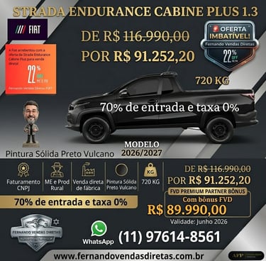 Fiat Strada Endurance Cabine Plus 1.3 black pickup truck with promotional pricing and 0% interest rate offer.