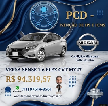 Silver Nissan Versa Sense 1.6 Flex for PCD sale with IPI and ICMS tax exemptions.