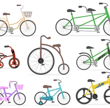 a variety of bicycles and bicycles are shown in this set