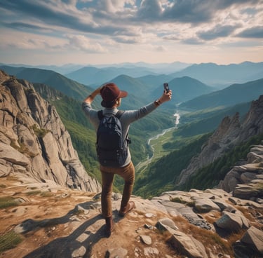 a person standing on a mountain top with a backpack