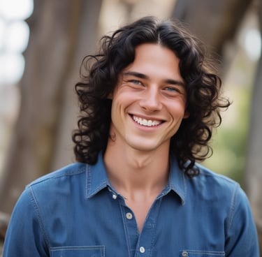 a man with long hair and a blue shirt. Client.