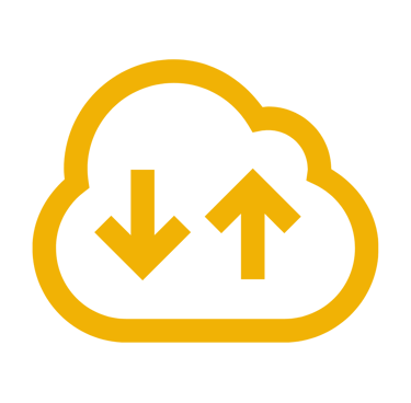 Yellow cloud computing icon with upload and download arrows on a black background.
