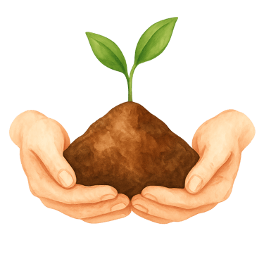 Zwei Hände umfassen einen Erdhaufen mit einen Setzling