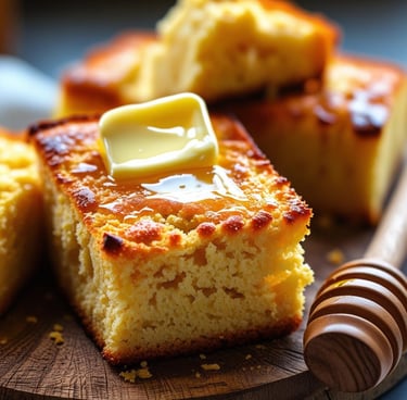 Toasted cornbread with butter and a drizzle of honey- my favourite