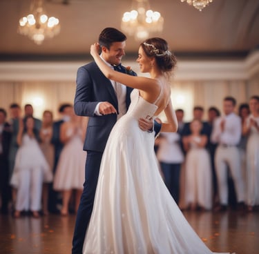 A couple joyfully dancing at their wedding reception, surrounded by friends and family.