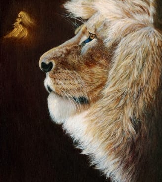 Lion side profile looking at a dancing girl