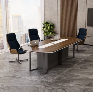 a conference table with chairs and a tv