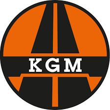 KGM company logo featuring black road graphics on a circular orange background.