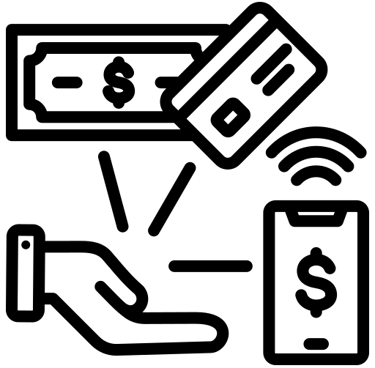 an icon of a hand giving out money by cash, credit card and bank transfer