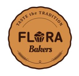 a brown and white logo for flora bakery