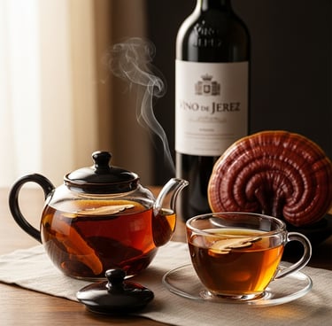 a teapot with a cup of tea and a bottle of wine