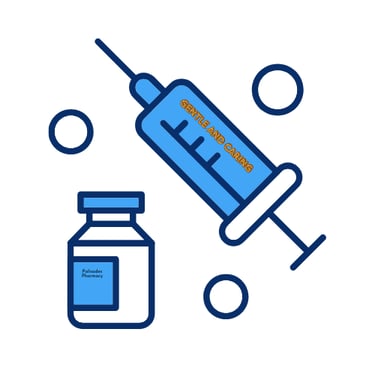 A blue syringe with needle and a vial with a blue top and label